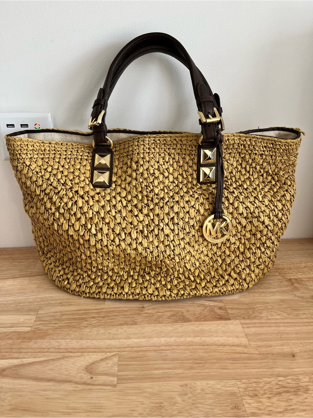 Michael Kors Gold Straw Tote with Dark Brown Leather Handles